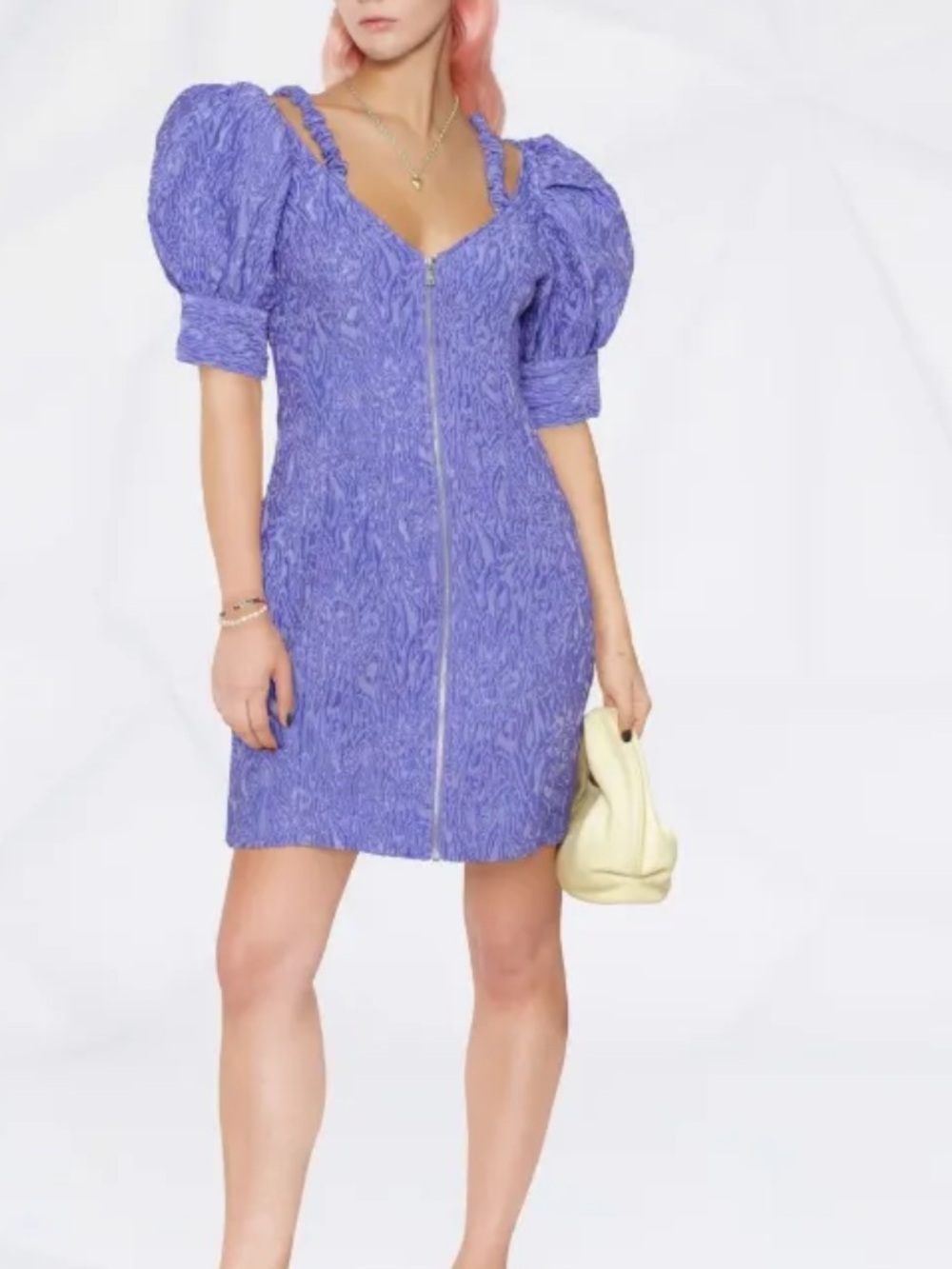Ganni Puff Sleeve Zip-Front Mini Dress in Blue Iris Size EU36/4US